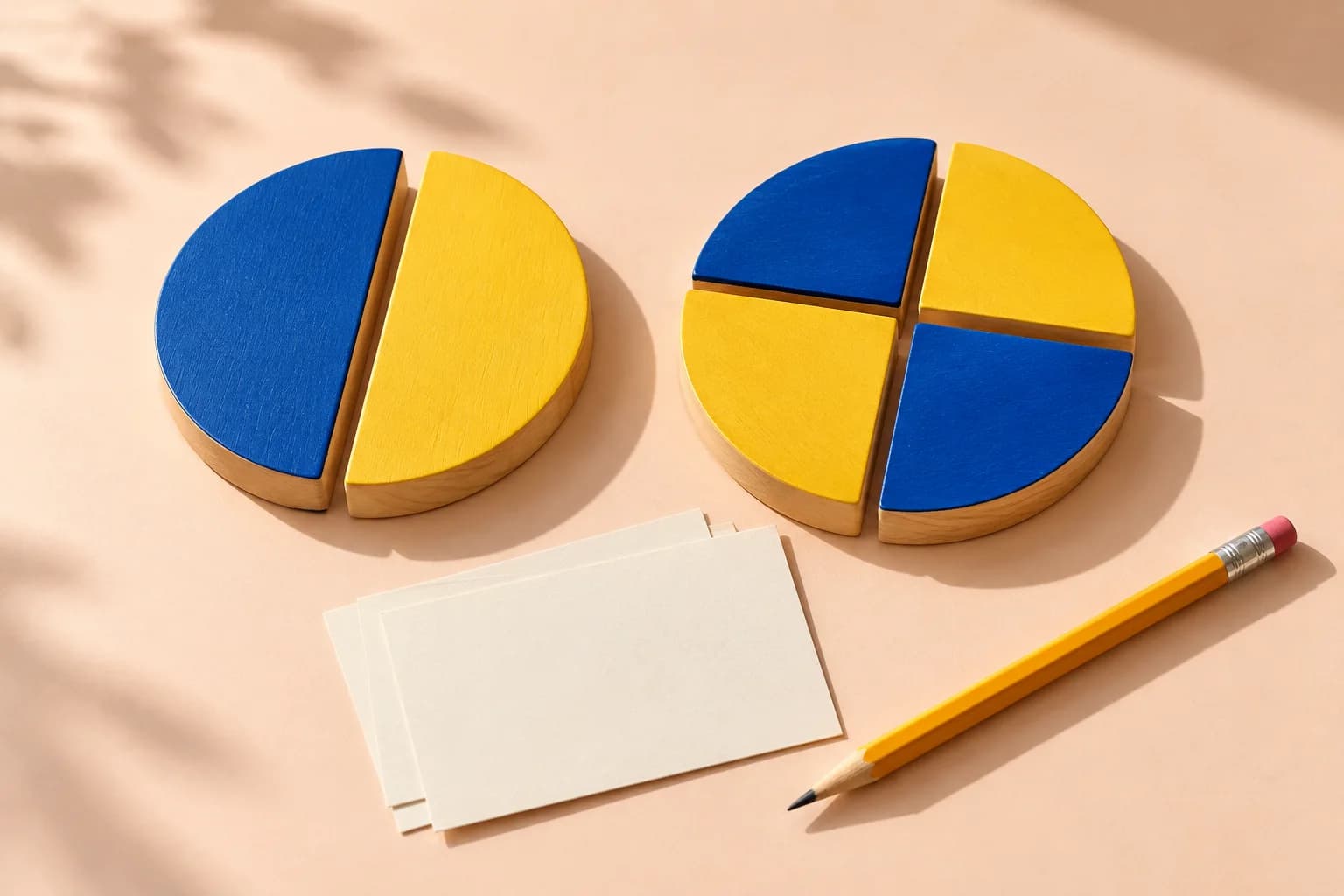 Wooden fraction circles divided into blue and yellow halves and quarters.