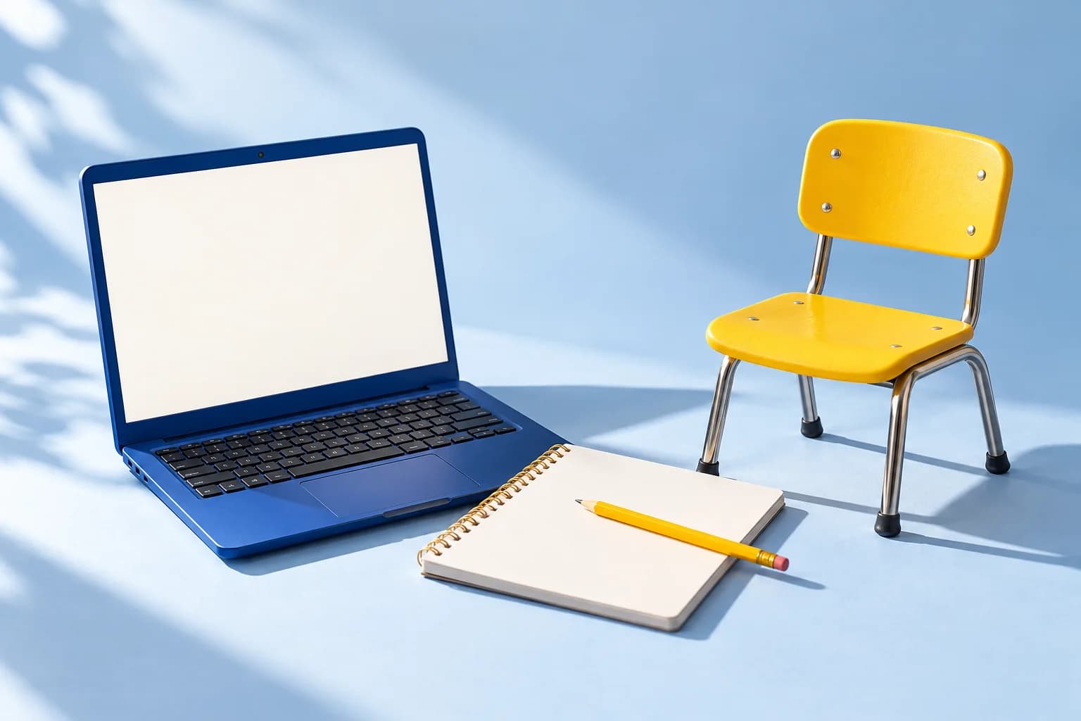 A blue laptop and miniature yellow classroom chair beside a notebook.