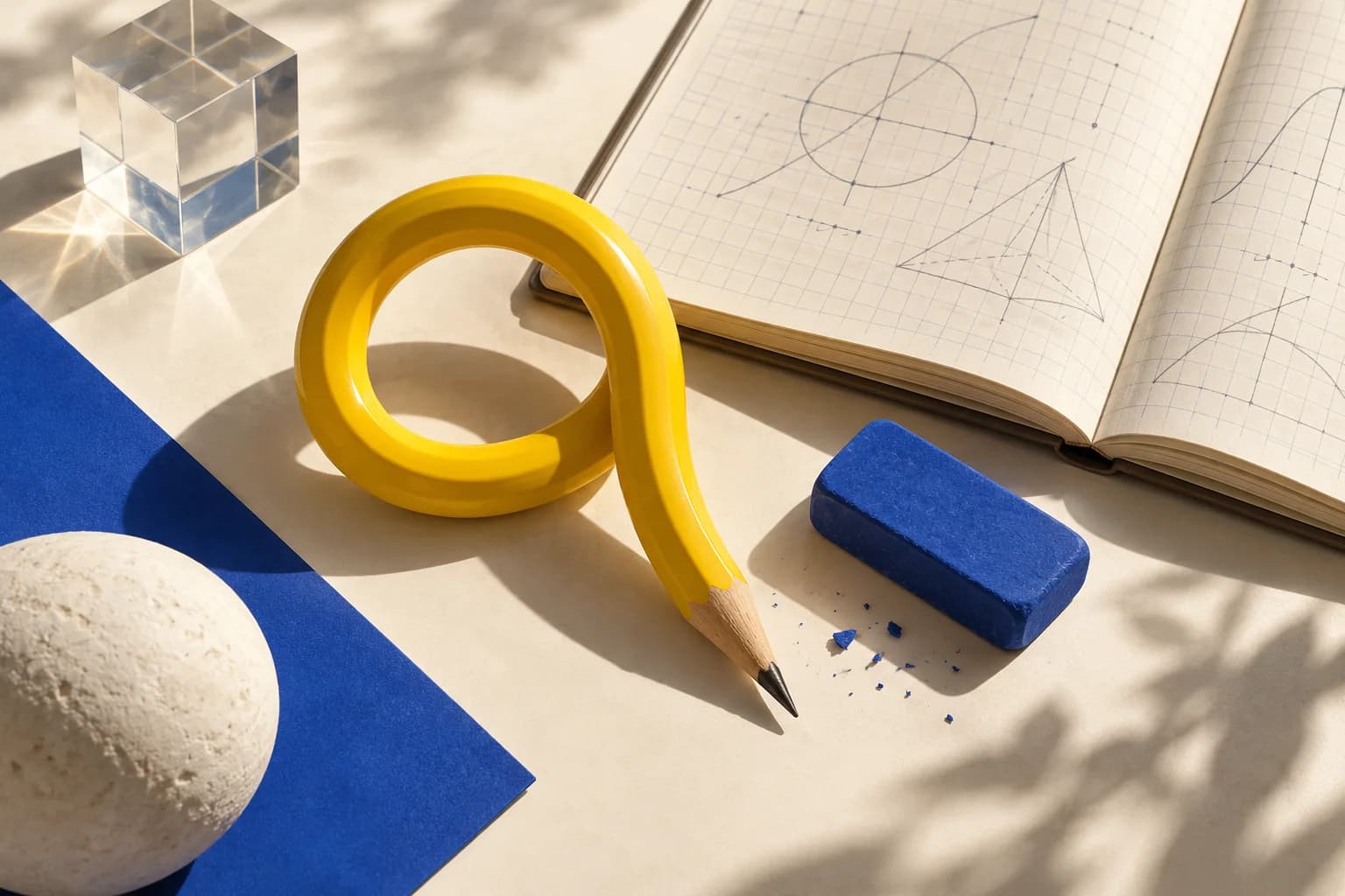 A looping yellow pencil beside a blue eraser and a maths notebook.