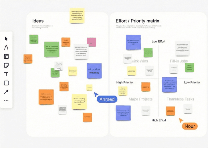 Shared whiteboard with sticky notes during an Ostazi online tutoring session